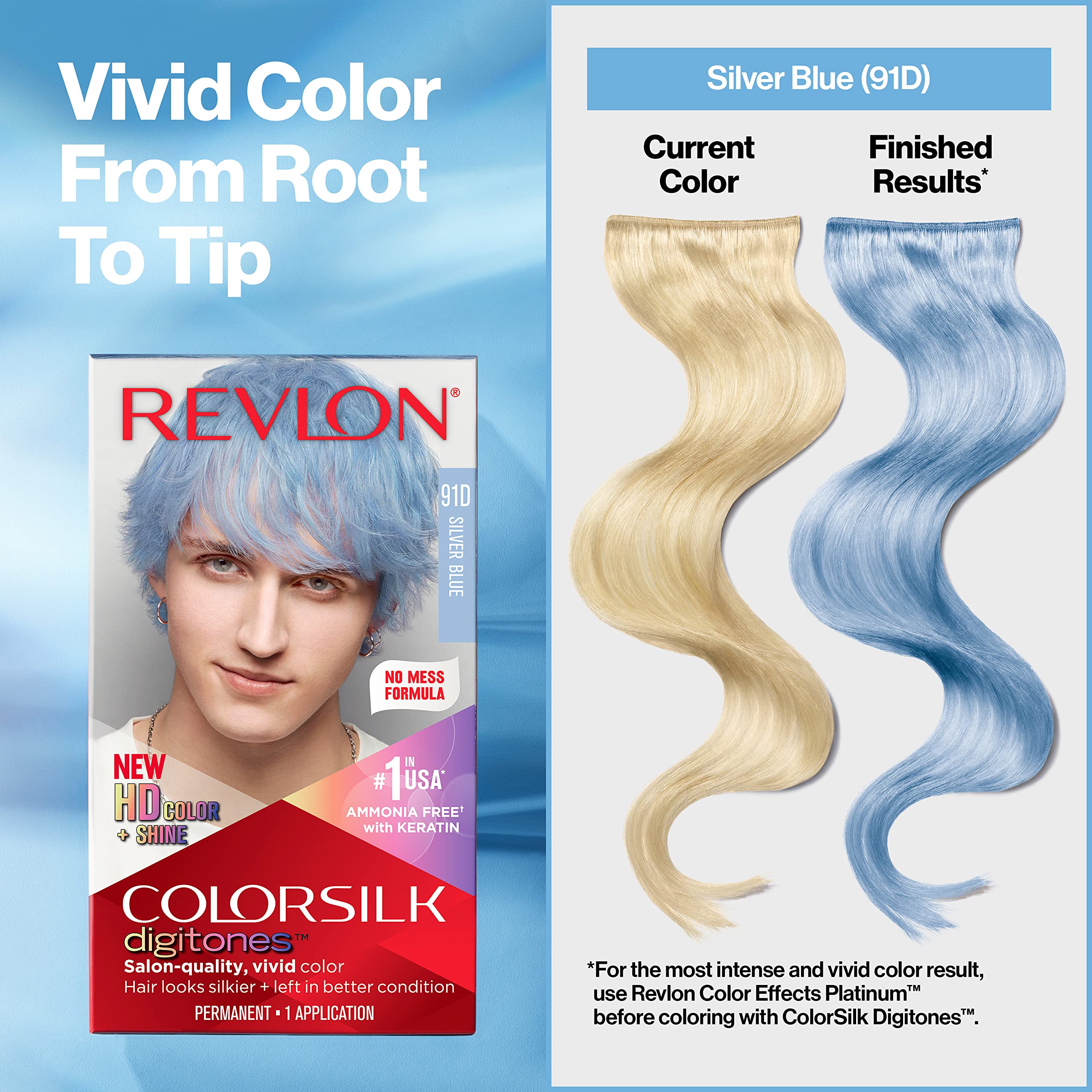Revlon ColorSilk Digitones Permanent Hair Color with Keratin, 91D Silver Blue, 1 Count