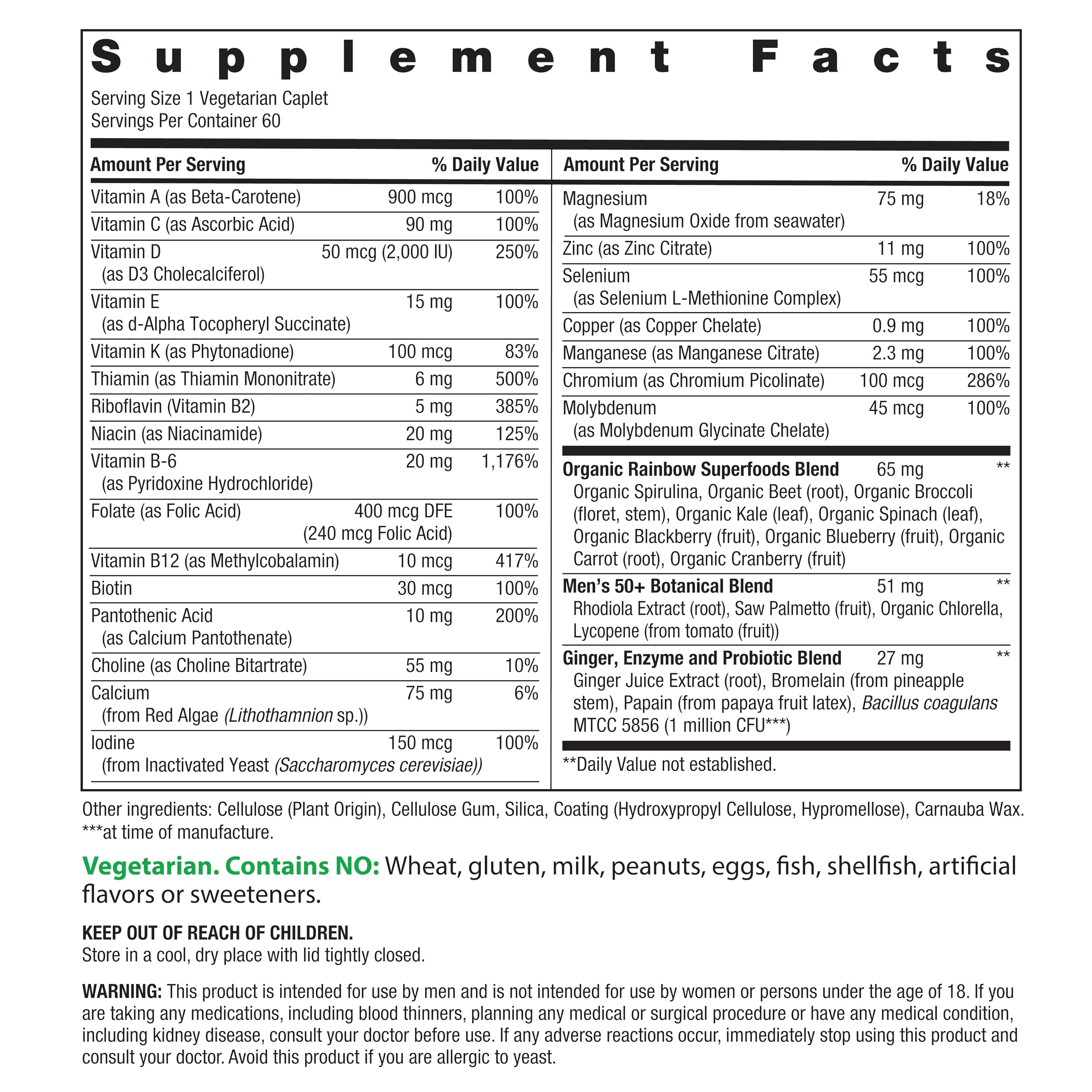 Rainbow Light Mens Multivitamin One + for 50 Plus | 60 Caplets | Supports Muscle Health | with Vitamins C, D, and Zinc | Real Food Nutrients, Digestive Enzymes & Probiotics