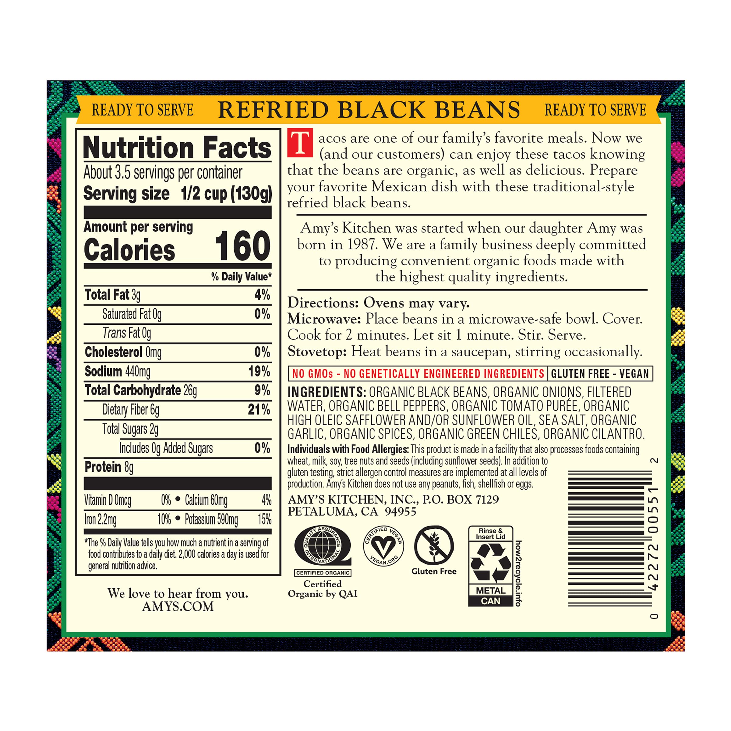 One 15.4 oz Amy's Organic Refried Vegetarian Black Beans