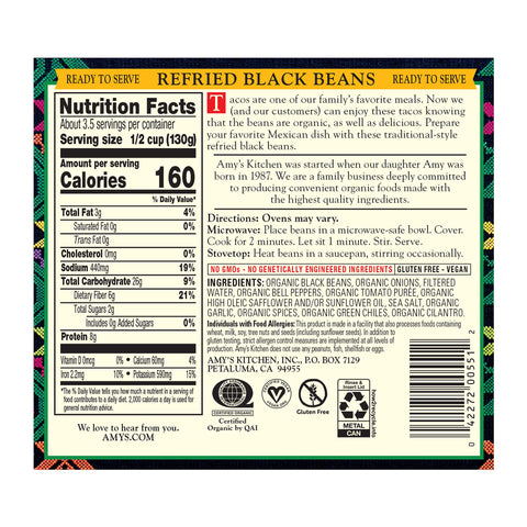One 15.4 oz Amy's Organic Refried Vegetarian Black Beans