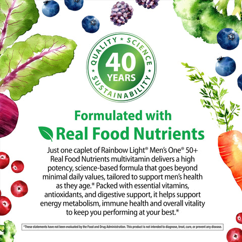 Rainbow Light Mens Multivitamin One + for 50 Plus | 60 Caplets | Supports Muscle Health | with Vitamins C, D, and Zinc | Real Food Nutrients, Digestive Enzymes & Probiotics