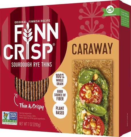 Finn Crisps Rye Crispbread with Caraway 7oz | Thin, Crispy Rye Flatbreads with Caraway | Authentic Finnish Sourdough Crispbread | Caraway Rye Crackers by Finn Crisp [7oz Box]