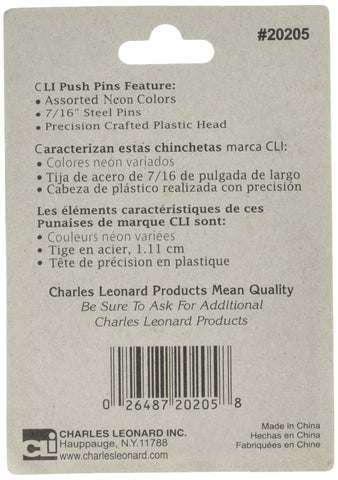 Charles Leonard Push Pins, Assorted Neons, 20-Pack (20205)