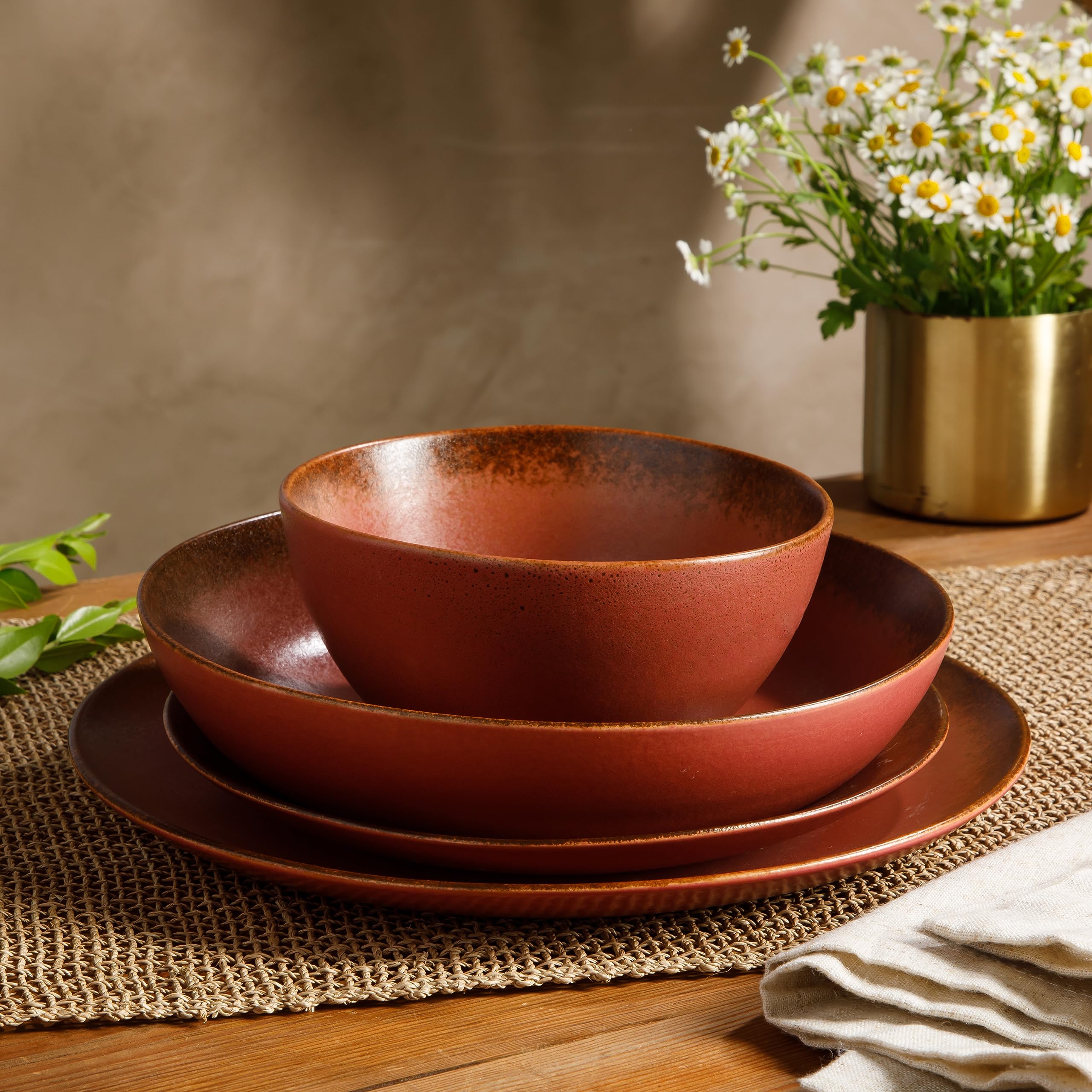 Bloomhouse - Two Time Oprah's Favorite Things Winner - Palermo Sun Double Bowl Stoneware Reactive Glaze Plates and Bowls Dinnerware Set - Paprika Red, Service for Four (16pcs)