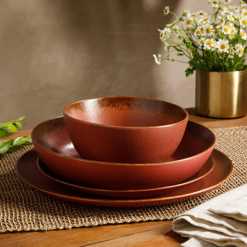 Bloomhouse - Two Time Oprah's Favorite Things Winner - Palermo Sun Double Bowl Stoneware Reactive Glaze Plates and Bowls Dinnerware Set - Paprika Red, Service for Four (16pcs)
