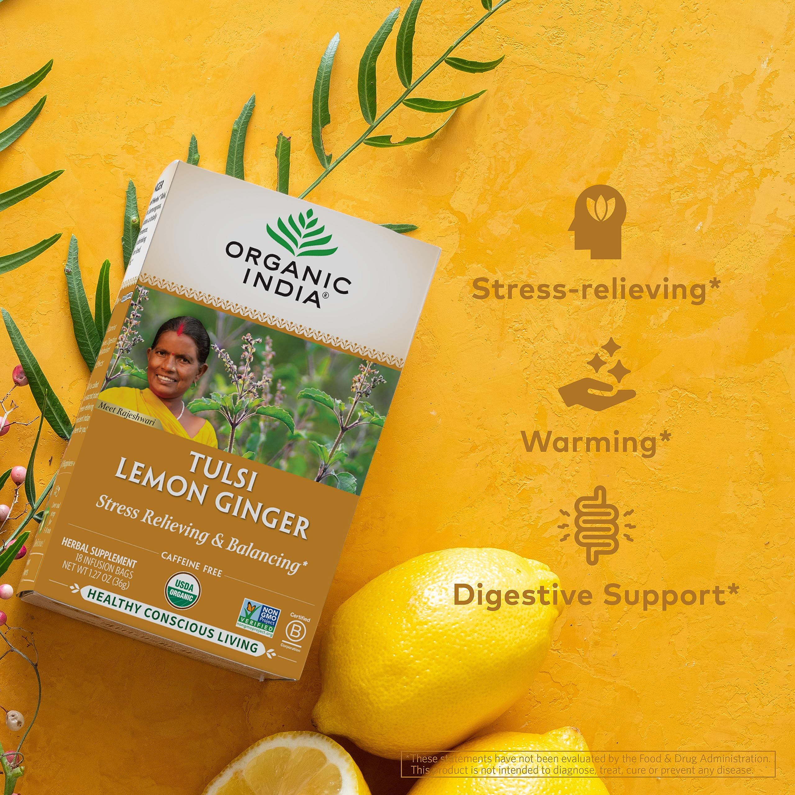 Organic India Tulsi Lemon Ginger Herbal Tea - Holy Basil, Stress Relieving & Reviving, Immune Support, Aids Digestion, Vegan, USDA Certified Organic, Non-GMO, Caffeine-Free - 18 Infusion Bags, 1 Pack