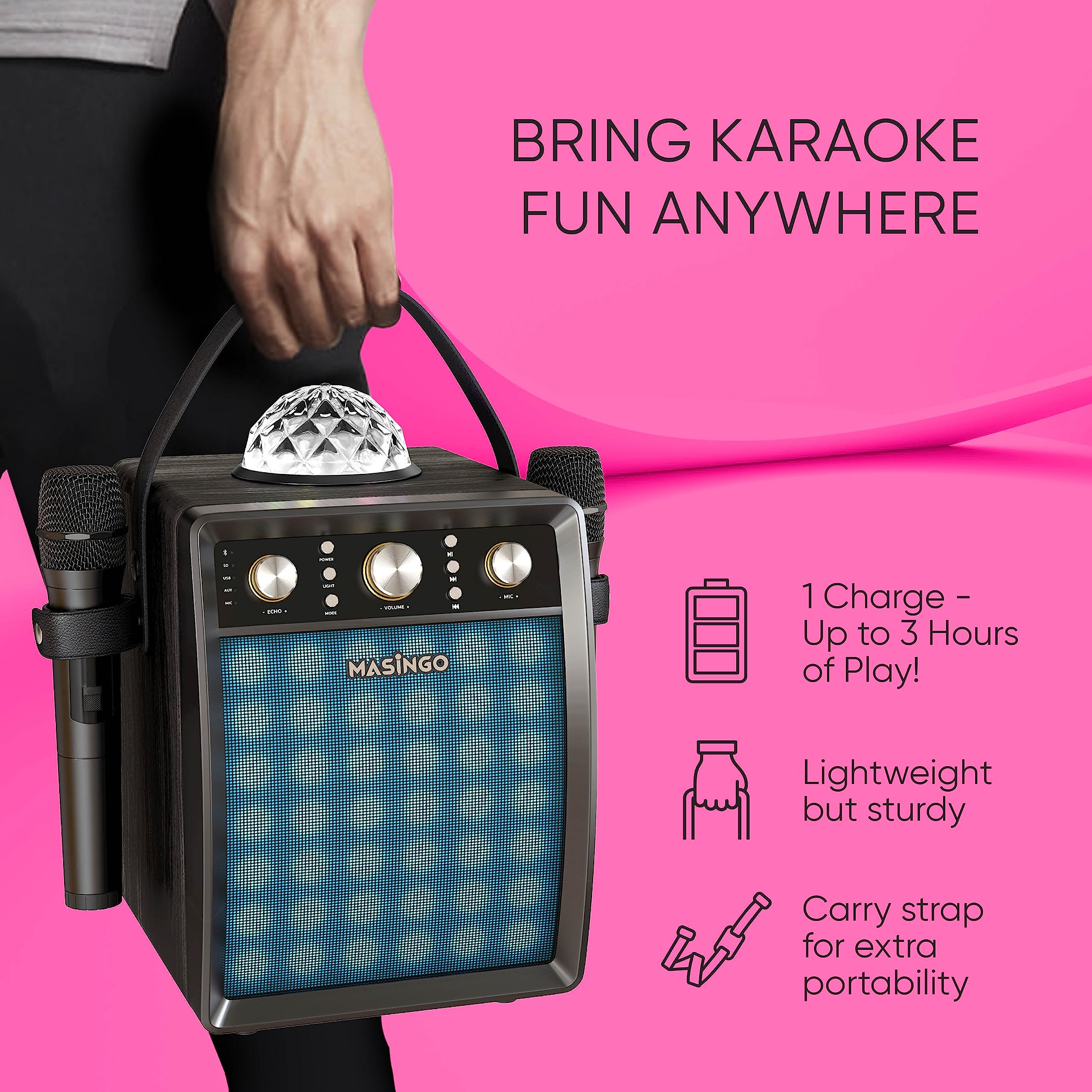 MASINGO Karaoke Machine for Adults and Kids with 2 Wireless Microphones, Portable Singing PA Speaker System Set with Disco Ball Party Lights & TV Cable, Ostinato M7