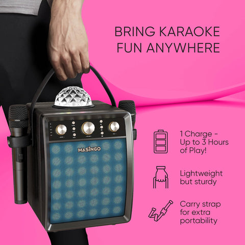 MASINGO Karaoke Machine for Adults and Kids with 2 Wireless Microphones, Portable Singing PA Speaker System Set with Disco Ball Party Lights & TV Cable, Ostinato M7