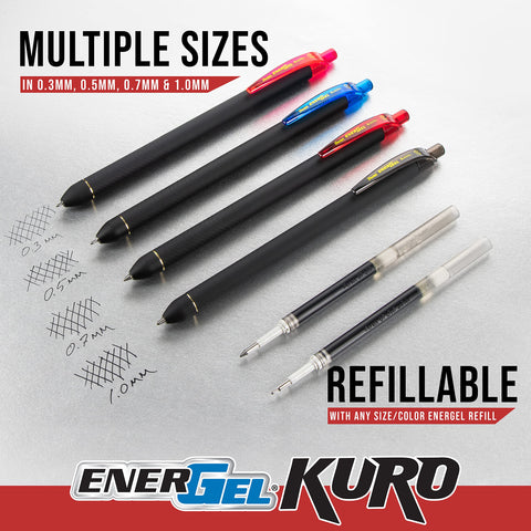Pentel EnerGel Kuro Liquid Gel Pen, (0.7mm), Medium line, Assorted Ink, 12 Pack (BL437R1BP12M)