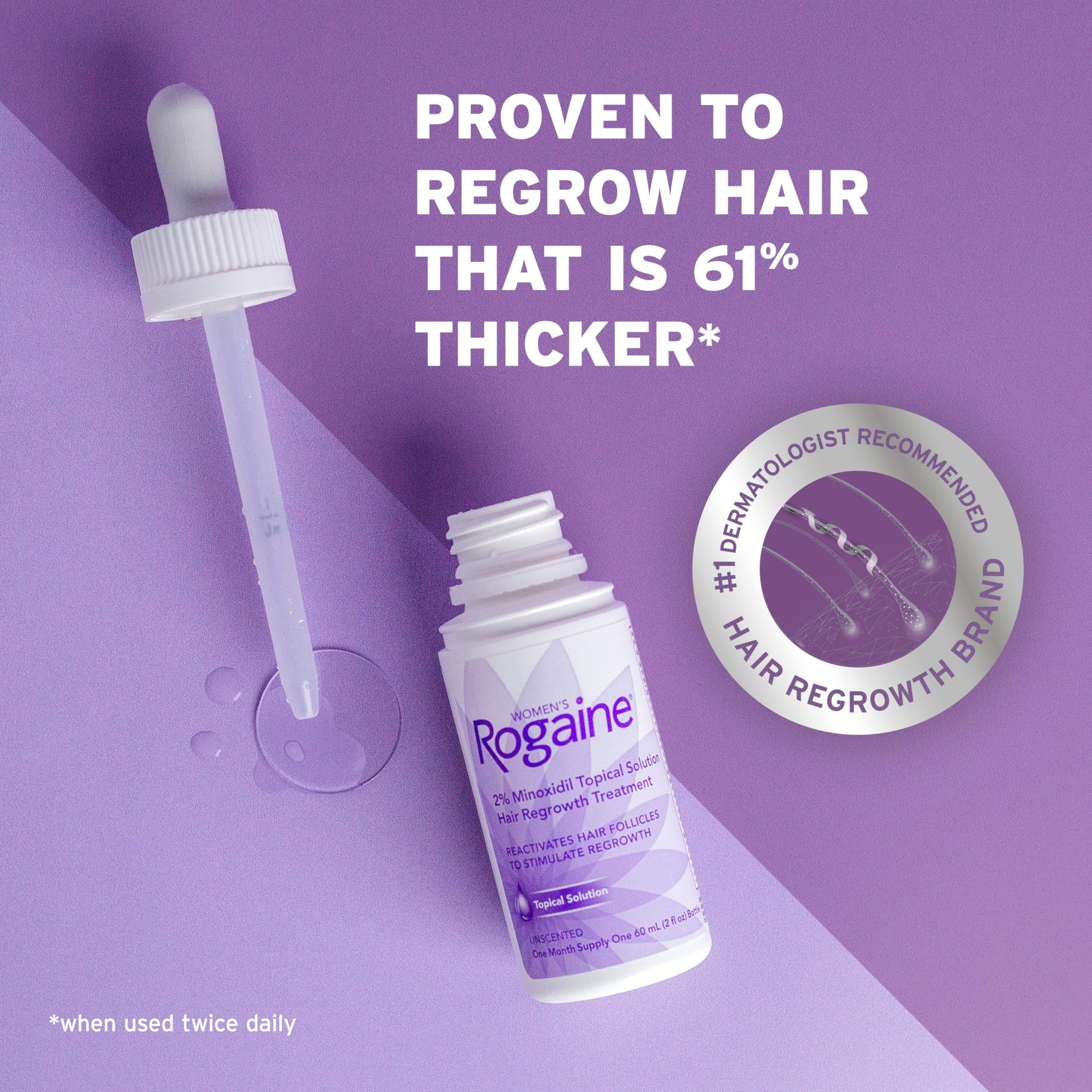 Women's Rogaine 2% Minoxidil Topical Solution for Thin Hair, Topical Hair Regrowth Treatment for Women, Unscented Minoxidil Liquid, 1-Month Supply, 2 fl. oz