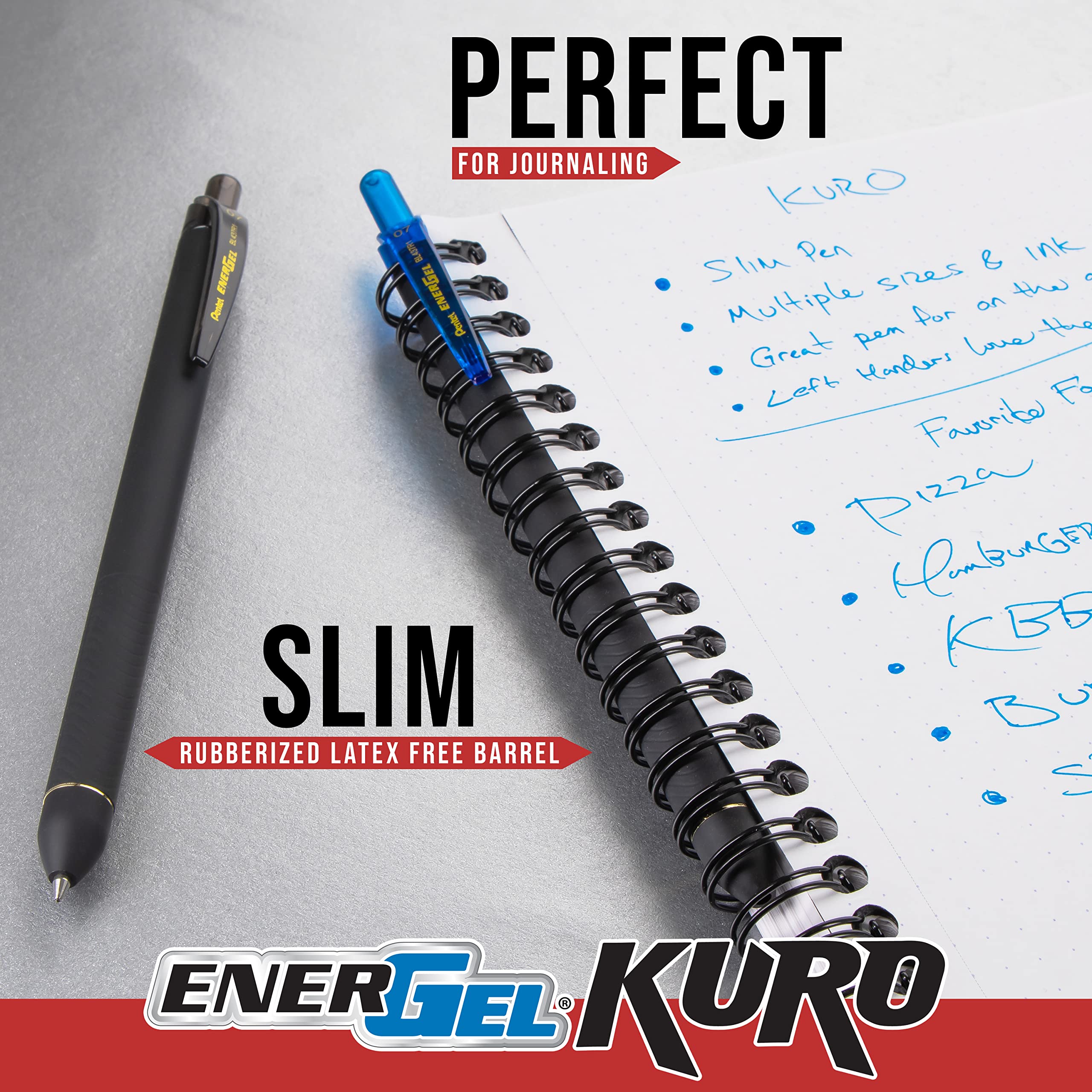 Pentel EnerGel Kuro Liquid Gel Pen, (0.7mm), Medium line, Assorted Ink, 12 Pack (BL437R1BP12M)