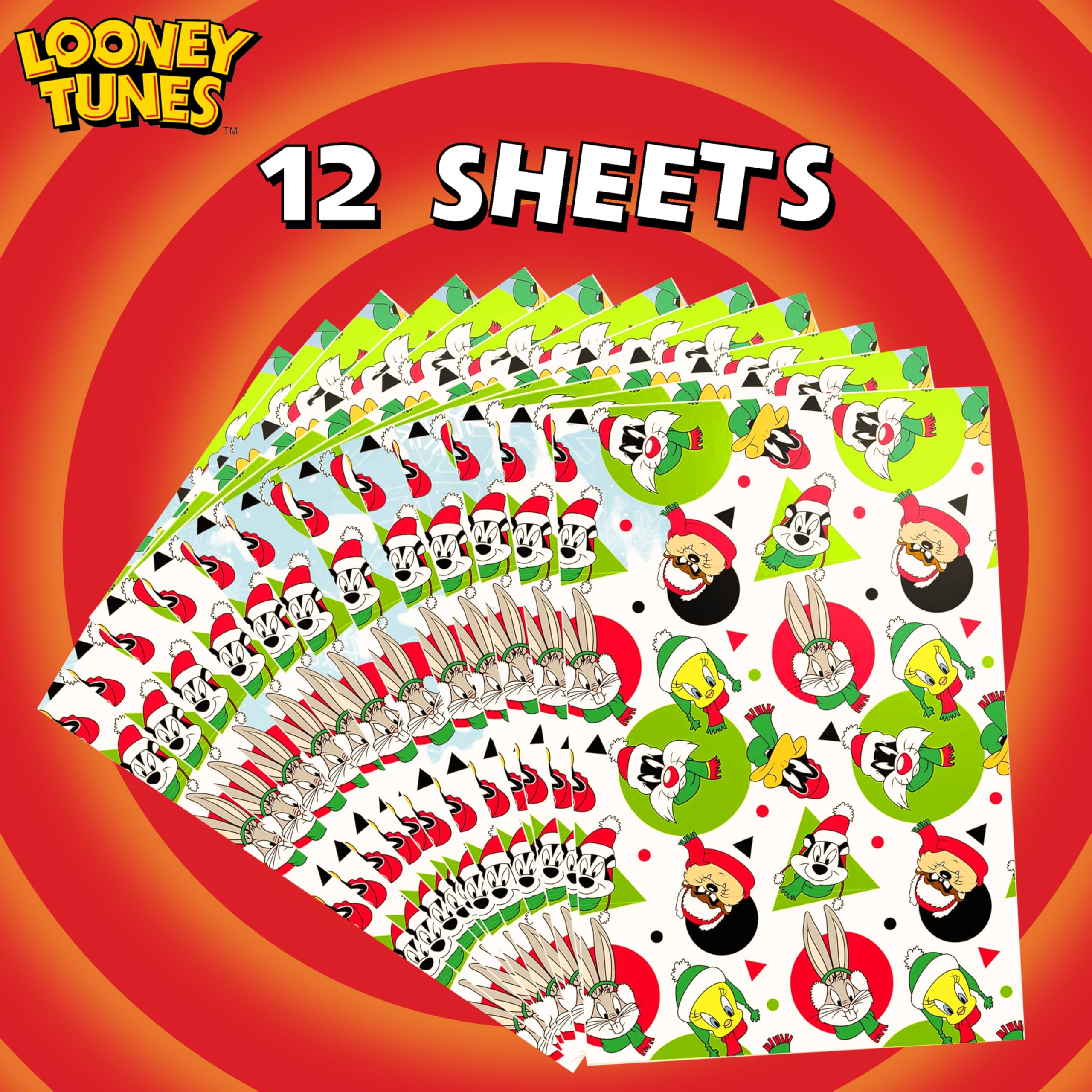 Looney Tunes Wrapping Paper Featuring Bugs Bunny, Taz, Daffy Duck, and Tweety, Pepé Le Pew, and Sylvester- 12 Sheets - 20" x 30" - Festive Holiday Gift Wrap by Silver Buffalo