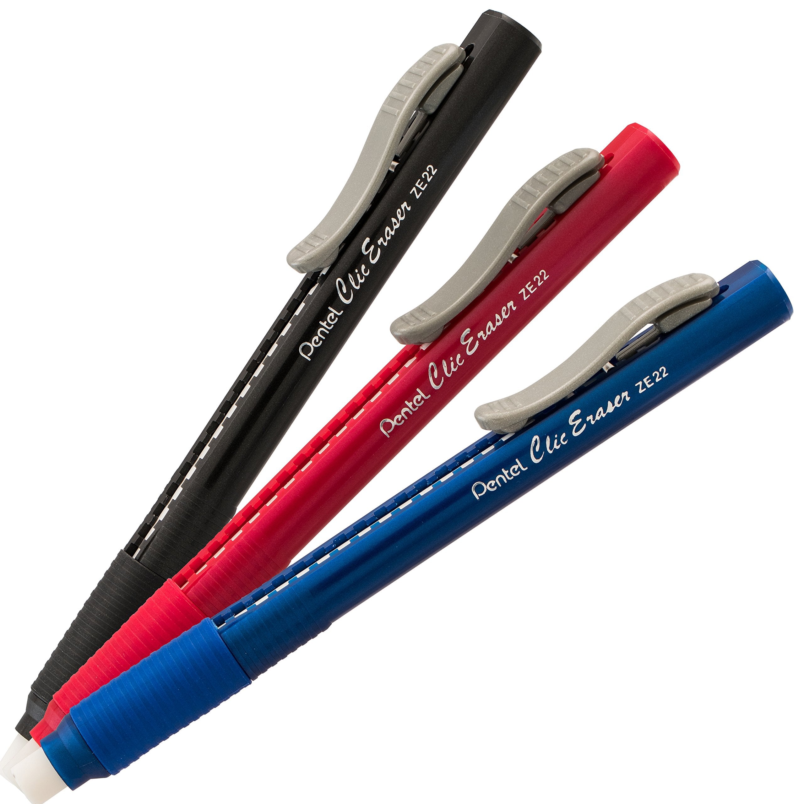 Pentel Clic Retractable Eraser with Grip, Assorted Barrel Colors (ZE21BP3M) (Pack of 3)