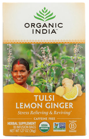 Organic India Tulsi Lemon Ginger Herbal Tea - Holy Basil, Stress Relieving & Reviving, Immune Support, Aids Digestion, Vegan, USDA Certified Organic, Non-GMO, Caffeine-Free - 18 Infusion Bags, 1 Pack