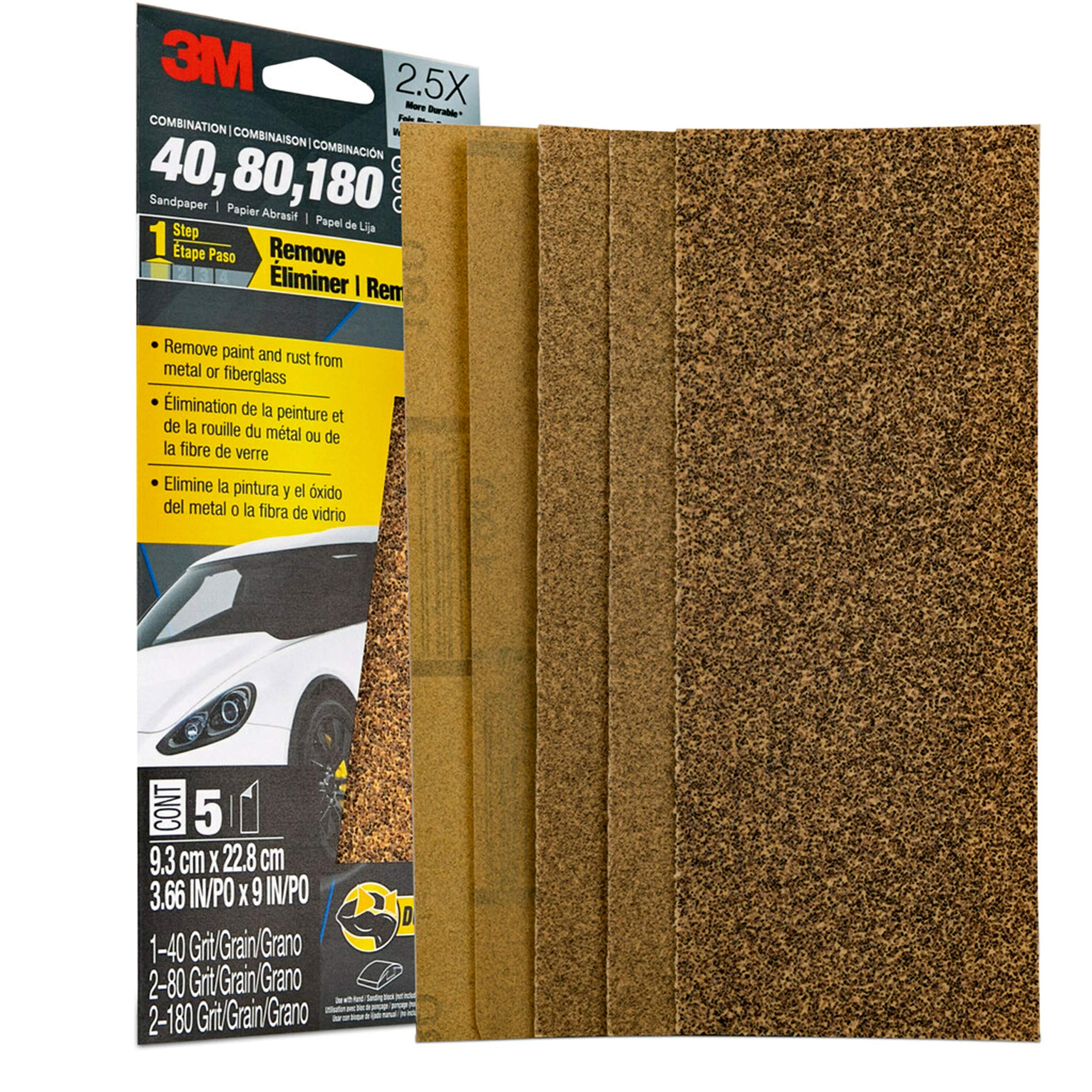 3M Sandpaper, 03039, Assorted Grits (40, 80, 120), 3 2/3 in x 9 in, 5 Sheets