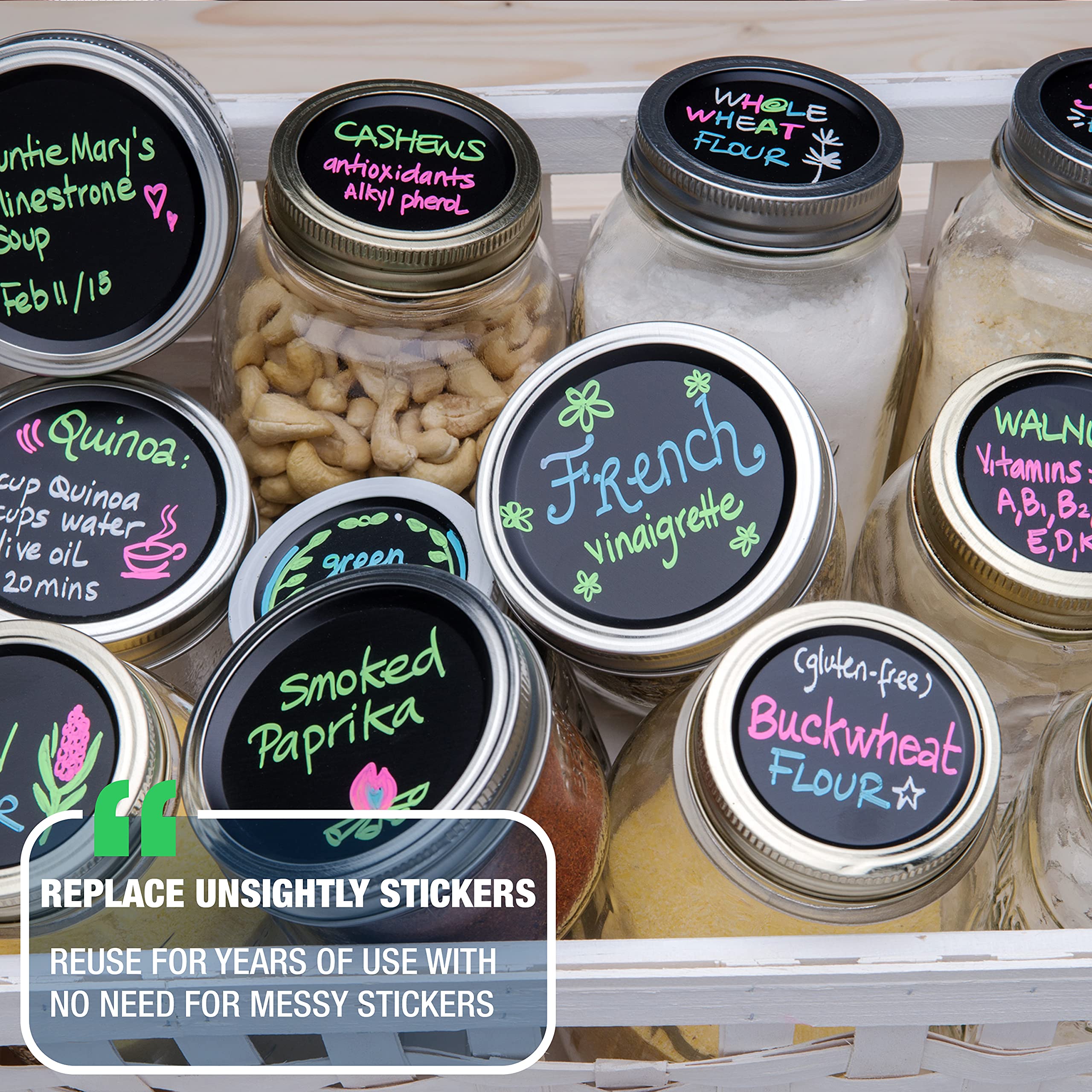 Chalk Tops - Reusable Chalkboard Lids for Mason Jars - 8 Pack - Wide Mouth