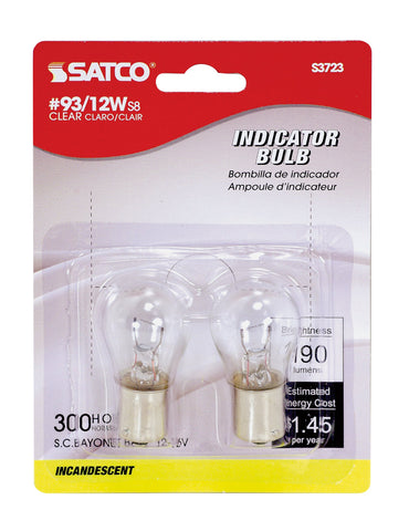 Satco S3723 12V SC Bayonet Base 12-Watt S8 Light Bulb, Clear