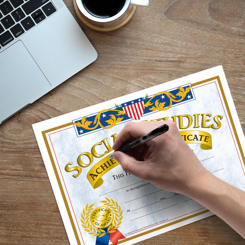 Hayes Social Studies Achievement Certificates, Gold-Bordered Awards with Light Blue Marbled Design, Customizable Award for Students, Full-Color Glossy Design, 8.5" x 11" - 30 Pack