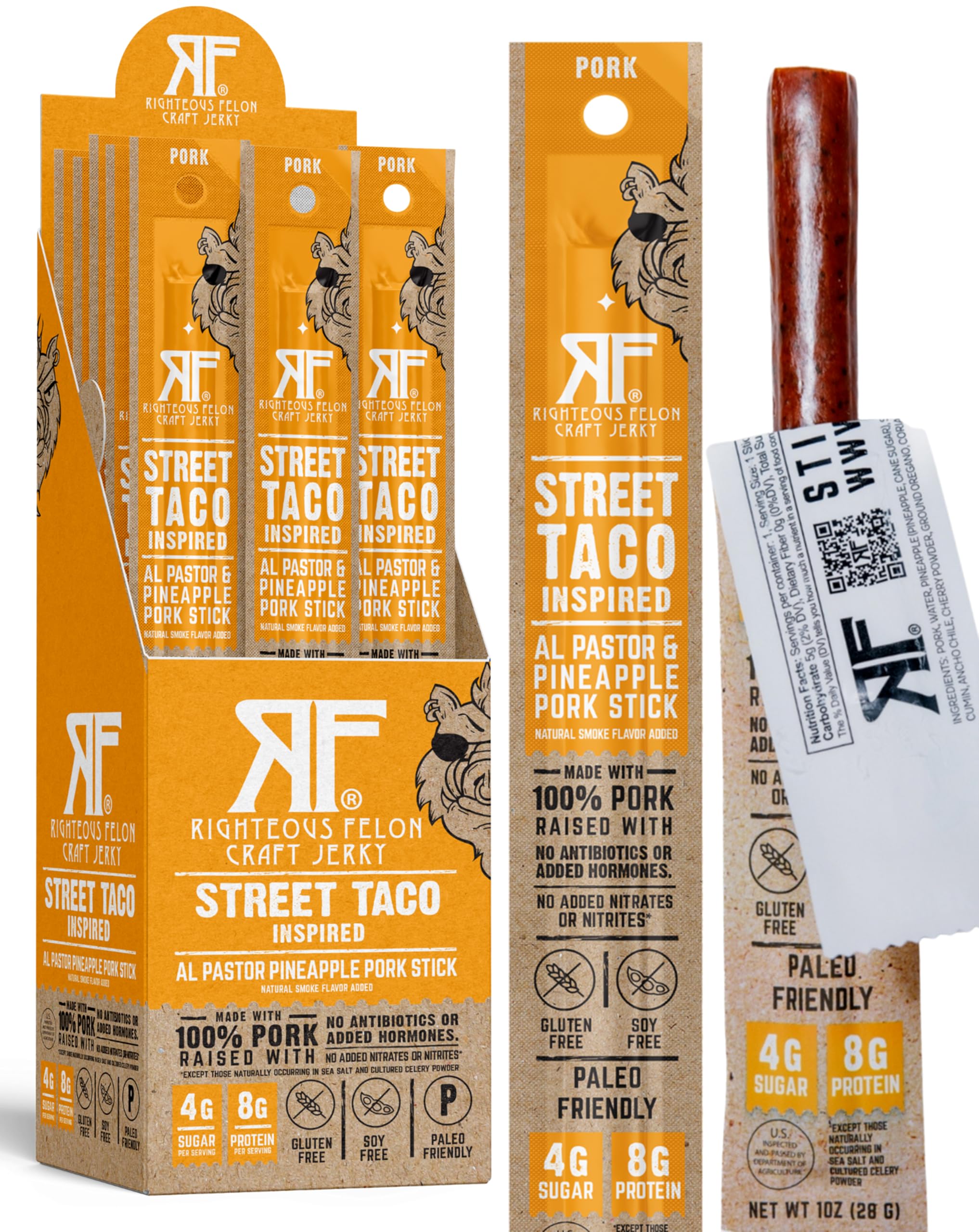 Righteous Felon Meat Sticks | 100% Pasture Raised Pork | 8g Protein per Stick | Keto, Gluten-Free, Low Sugar, High Protein Snack Sticks | Individually Wrapped | Street Taco Pork Sticks, 24 Count