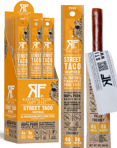 Righteous Felon Meat Sticks | 100% Pasture Raised Pork | 8g Protein per Stick | Keto, Gluten-Free, Low Sugar, High Protein Snack Sticks | Individually Wrapped | Street Taco Pork Sticks, 24 Count