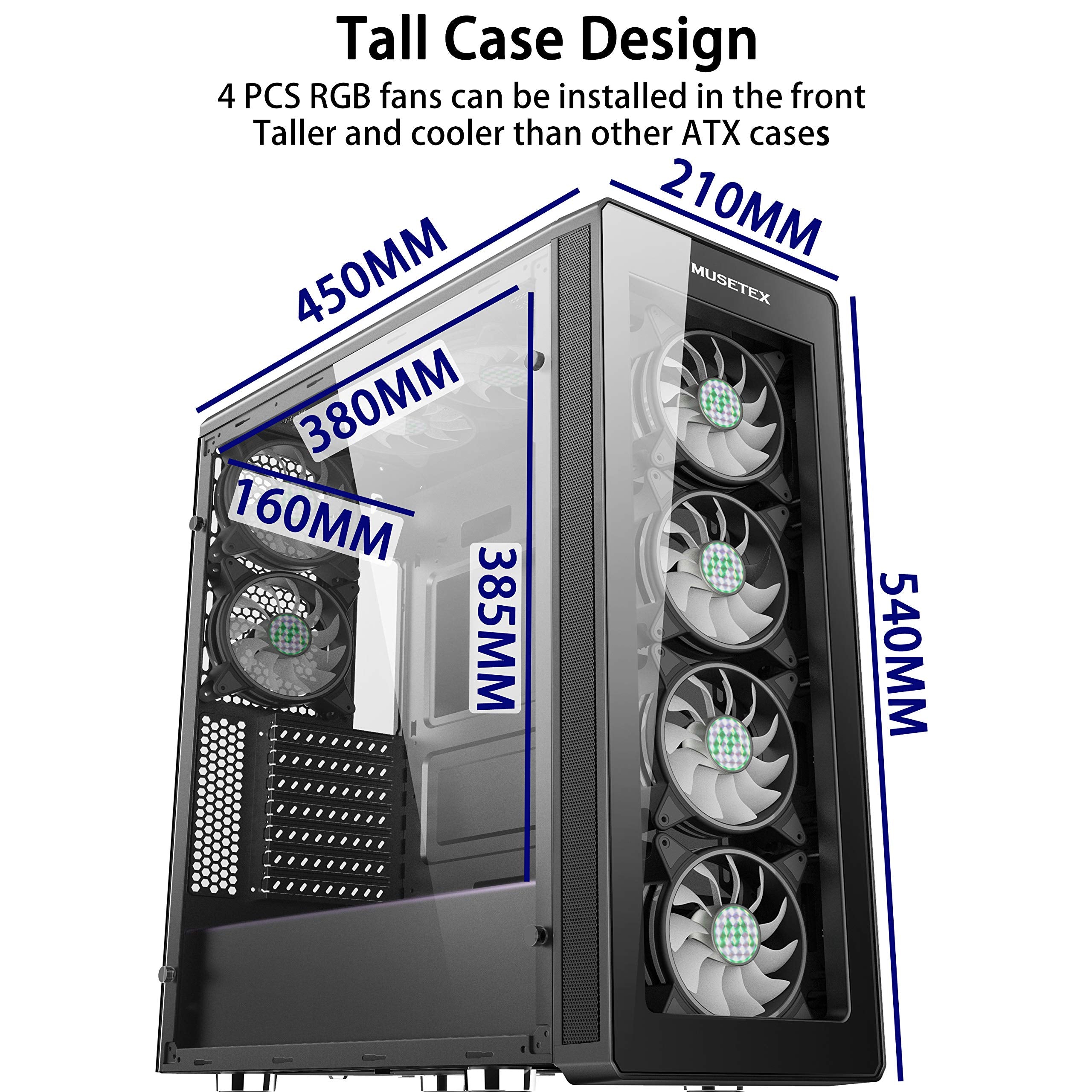 MUSETEX 8 PCS ARGB Fans ATX Mid-Tower Case with 2 × USB 3.0, Computer PC Gaming Case with Remote Control, Tempered Glass Cooling System/Airflow/Cable Management（T400-MN8）