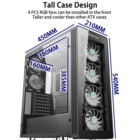 MUSETEX 8 PCS ARGB Fans ATX Mid-Tower Case with 2 × USB 3.0, Computer PC Gaming Case with Remote Control, Tempered Glass Cooling System/Airflow/Cable Management（T400-MN8）
