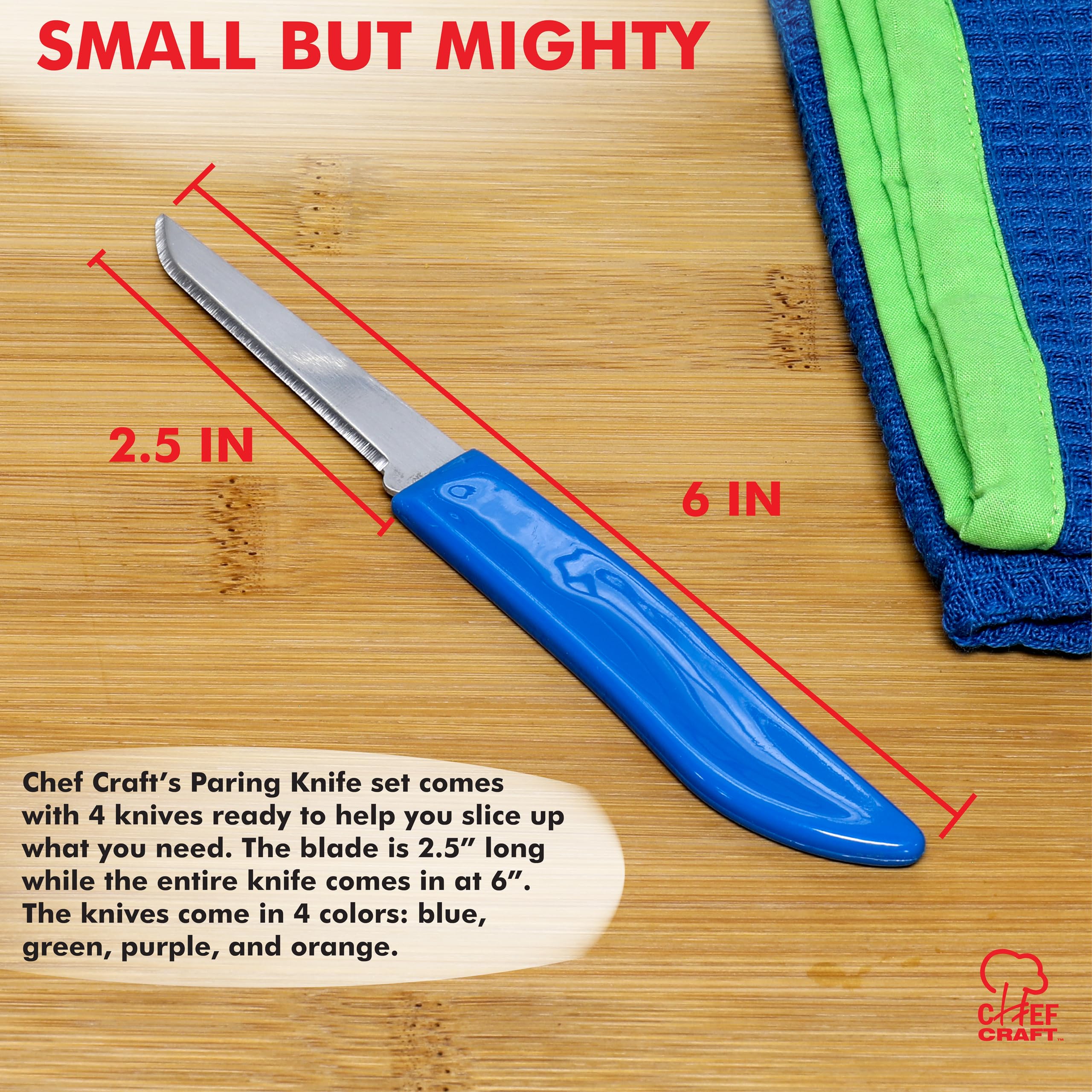 Chef Craft Select Paring Knife Set, 2.5 inch blade 6 inch in length 4 piece set, Assorted