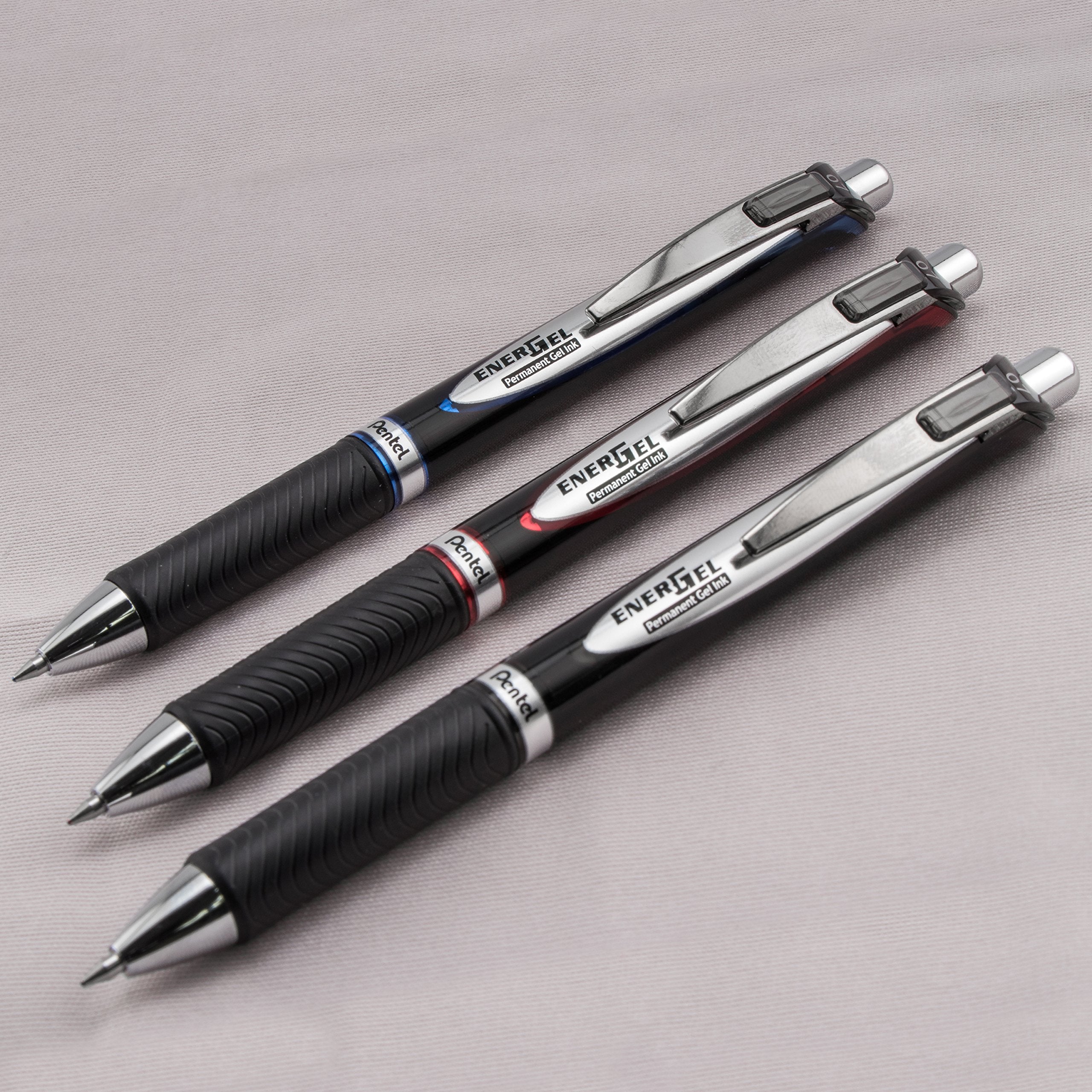 Pentel EnerGel Pro Permanent Gel Ink Pen, (0.7mm) Assorted Colors, 3 Pack (BLP77BP3M), black/red/blue