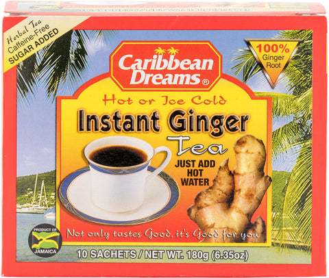 Caribbean Dreams Instant Ginger Tea, 100% Natural from Jamaica, Strong Taste and Aroma, 10 Sachets