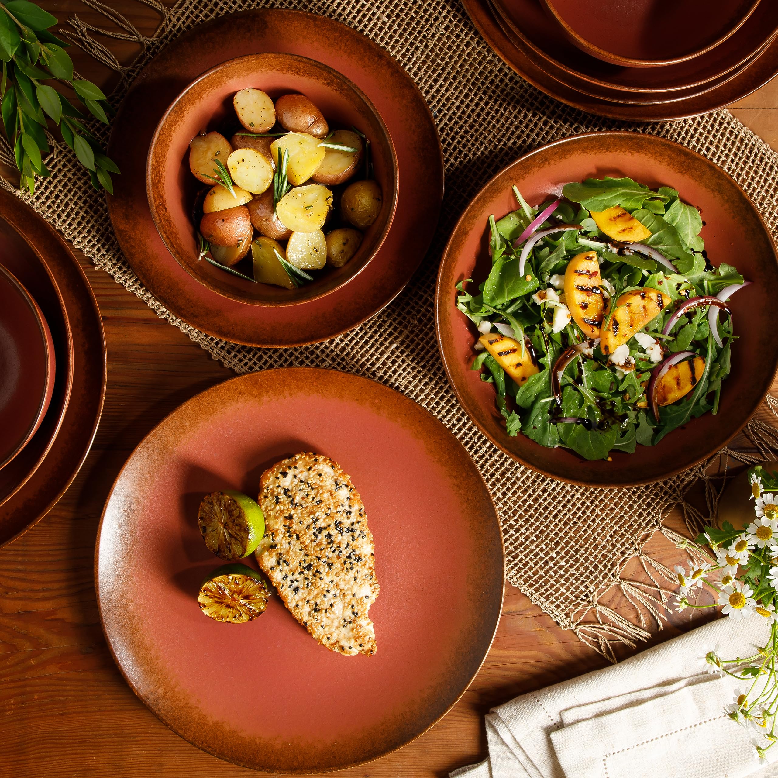 Bloomhouse - Two Time Oprah's Favorite Things Winner - Palermo Sun Double Bowl Stoneware Reactive Glaze Plates and Bowls Dinnerware Set - Paprika Red, Service for Four (16pcs)