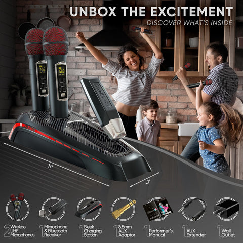 MASINGO 2 Wireless Karaoke Microphones, Integrated Bluetooth Receiver - Connects Mics and Smartphone to Any Speaker with AUX/Mic Input - Includes Singer Vocal Removal Mode + Charging Base - A12